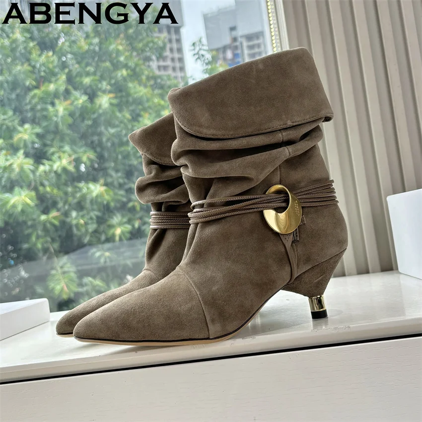 

Size 35-42 Kitten Heel Ankle Boots Women's Suede Leather Wrinkle Pointy Toe Chelsea Boots Autumn Winter Fashion Week Boots Woman