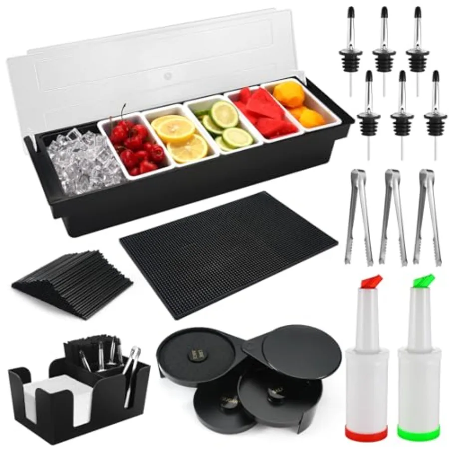 

Bartending Supplies - 18" x 12" Bar Mat Garnish Tray with Lid Bar Caddy 3 Tier Bar Glass Rimmer 2 Plastic Juice Pour Bottles 3