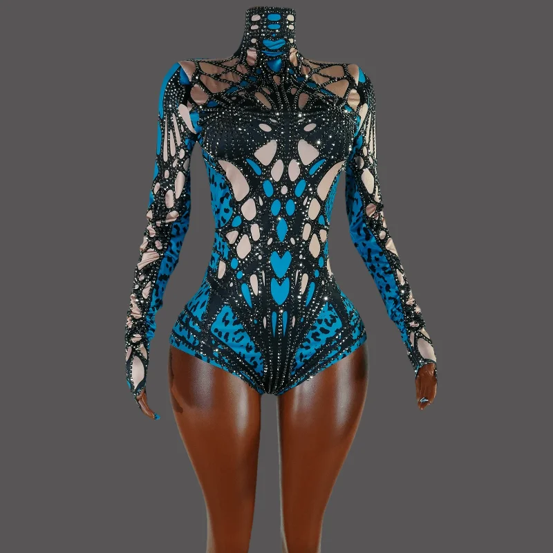 

Glitter Printed Long Sleeve Bodysuit Rhinestones Blue Pole Dance Leotard Drag Queen Outfits Party Birthday Club Celebrate Stage