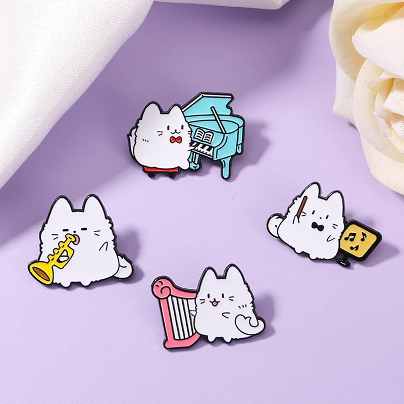 Cute Music White Cats Brooch Saxophone Blue Piano Pink Harp Cat Creative Animal Metal Badge Punk Pins Jewelry Accessories Gift