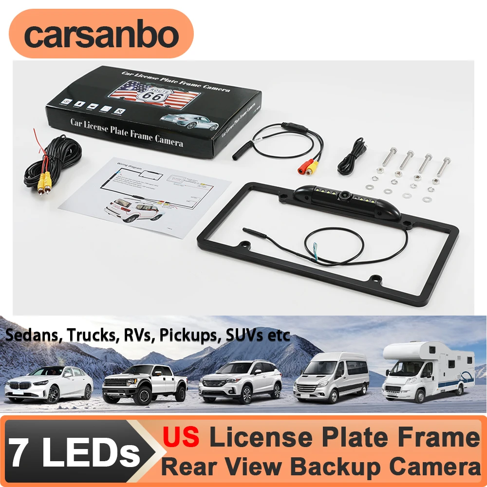 Carsanbo 110° Reverse Backup Camera for American License Plate Frame Waterproof Night Vision Car Rear View Camera US with 7 LEDs