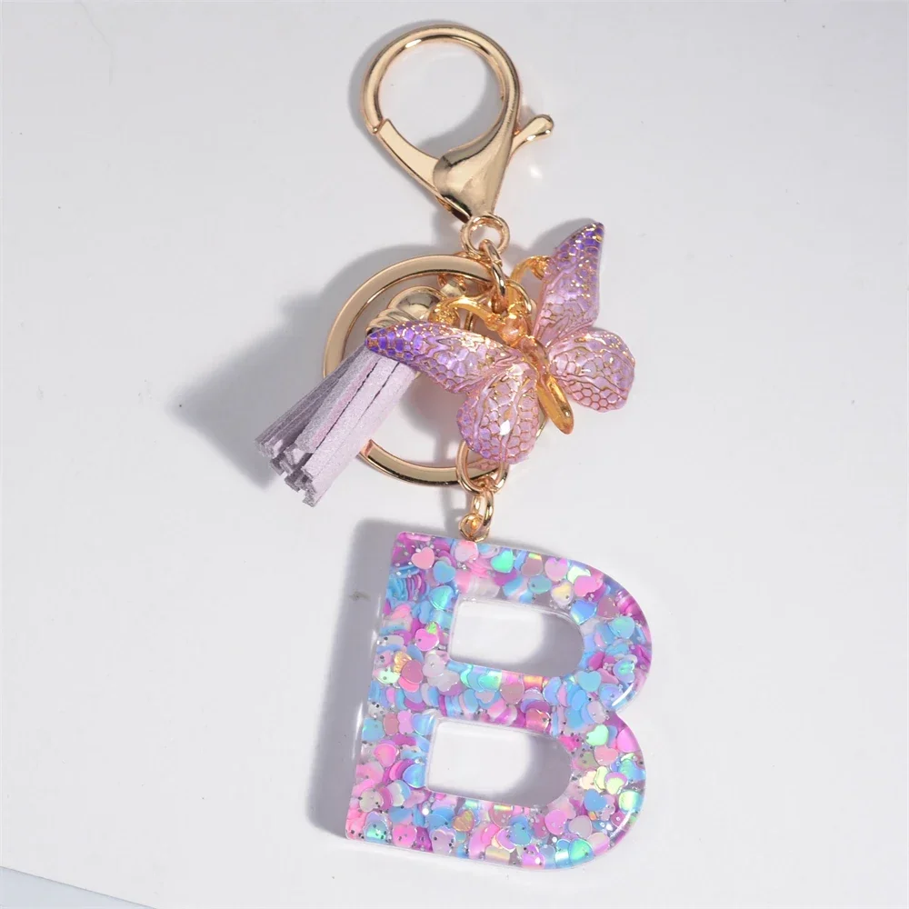 Shiny Heart Sequin Resin Keychain Purple Butterfly Tassel Pendant A to Z Letter Keyring for Women Handbag Accessories Gift