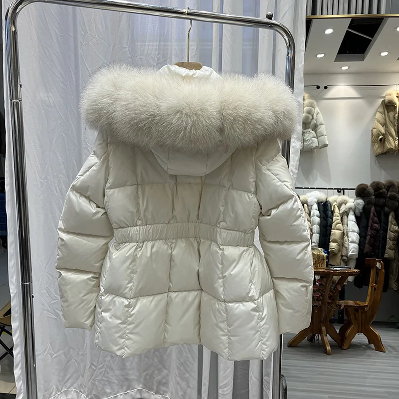 여성용 덕다운 패딩 재킷, 신상 리얼 퍼 아우터, 따뜻한 여성용 깃털 코트 및 파카, 후드가 있는 중간 길이 코트