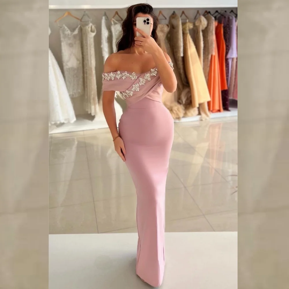 

Customized Jersey Beading Pleat Criss-Cross Party Sheath Off-the-shoulder Bespoke Occasion Gown Long Dresses