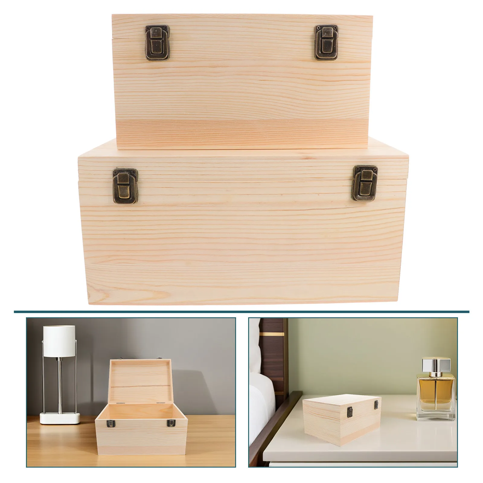 

Набор из 2 больших деревянных ящиков для хранения из необработанной сосны, с откидной крышкой, для рукоделия, украшений, в деревенском стиле, органайзер для дома и офиса