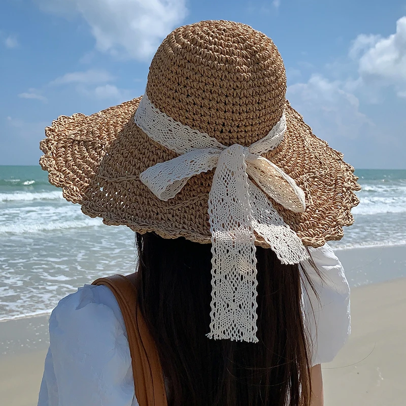 2022 Women\'s Summer Bucket Folding Lace Bow Straw Hat Panamas UV Protection Sun Visor COOL Seaside Beach Hat Tide Summer Hats