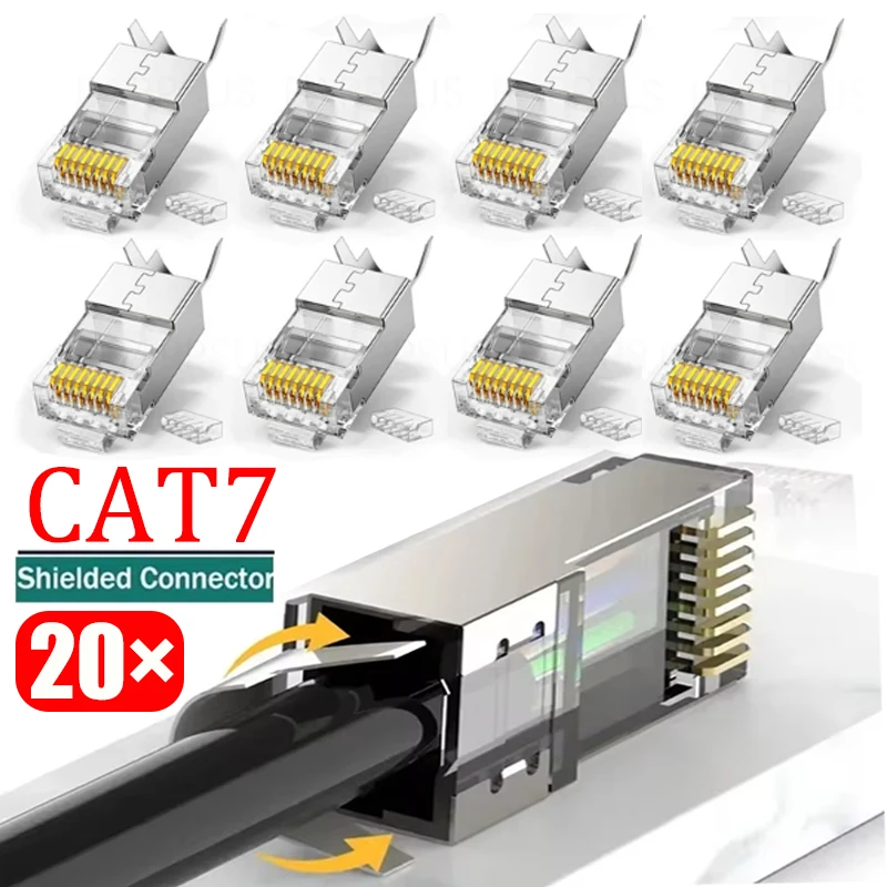 Cat7 Shielded Connectors RJ45 Plugs Metal Ethernet Modular Crystal Head with Clip Network Crimp Connectors Cat 7 Crystal Head