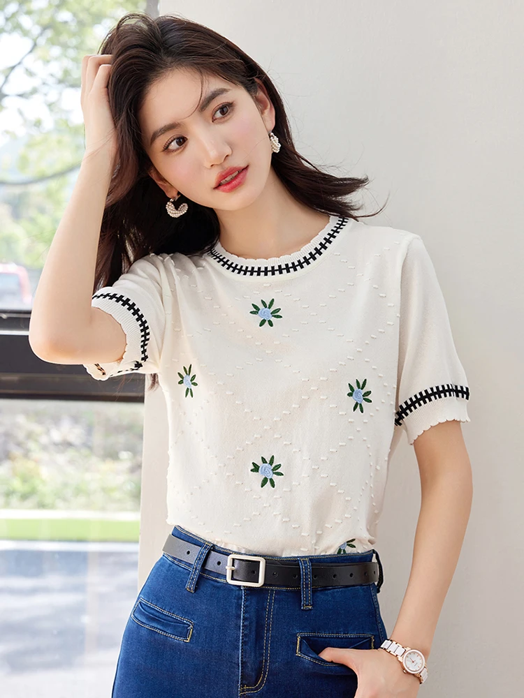 Spring Summer New Solid Color Knitted Tops Women Round Neck Embroidery Short-Sleeved T-Shirt 2024