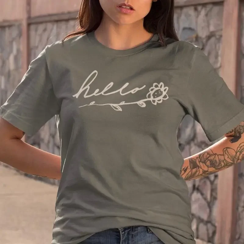 Hello Script Flower Floral T Shirt Spring Inviting Fun Top Drawing Apparel Summer Typography