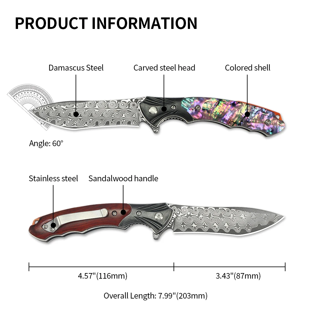 New Folding Pocket Knife VG10 Damascus Hunting Knife with Box EDC Camping Knives Tactical Survival Self defense Tools Mens gifts