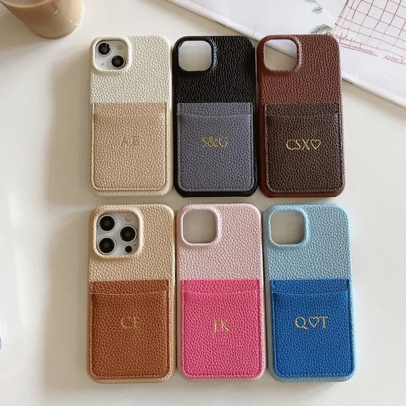 

For IPhone16 15 14 13 12 11 Promax Series Protective Cover Custom Engraved Initials Name Card Holder Two Color Leather Case