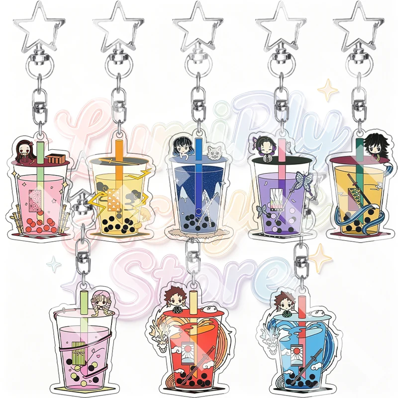 Anime Cartoon Demon Slayer Tea Cup Design Acrylic Keychain Cute Q Version Kamado Nezuko Zenitsu Shinobu Kocho Keyring Pendant