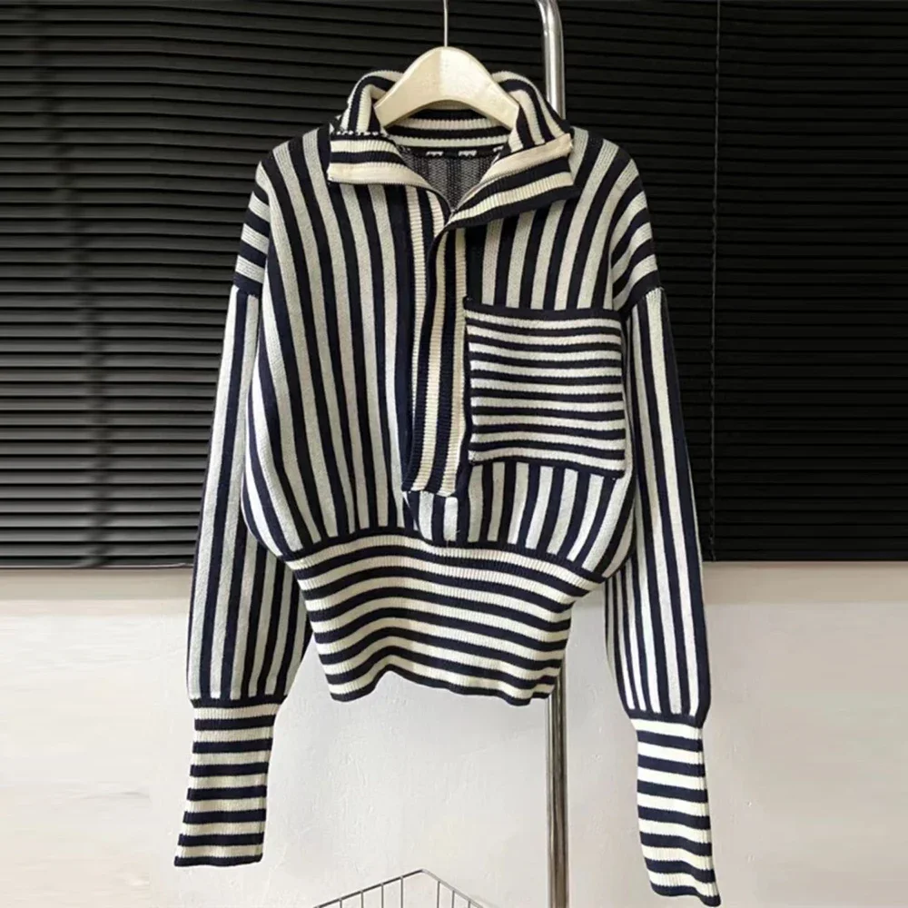 2024 Autumn/Winter New Striped Knitted Sweater  Loose, High Collar, Retro, Casual,  Soft Sticky Sweater Design