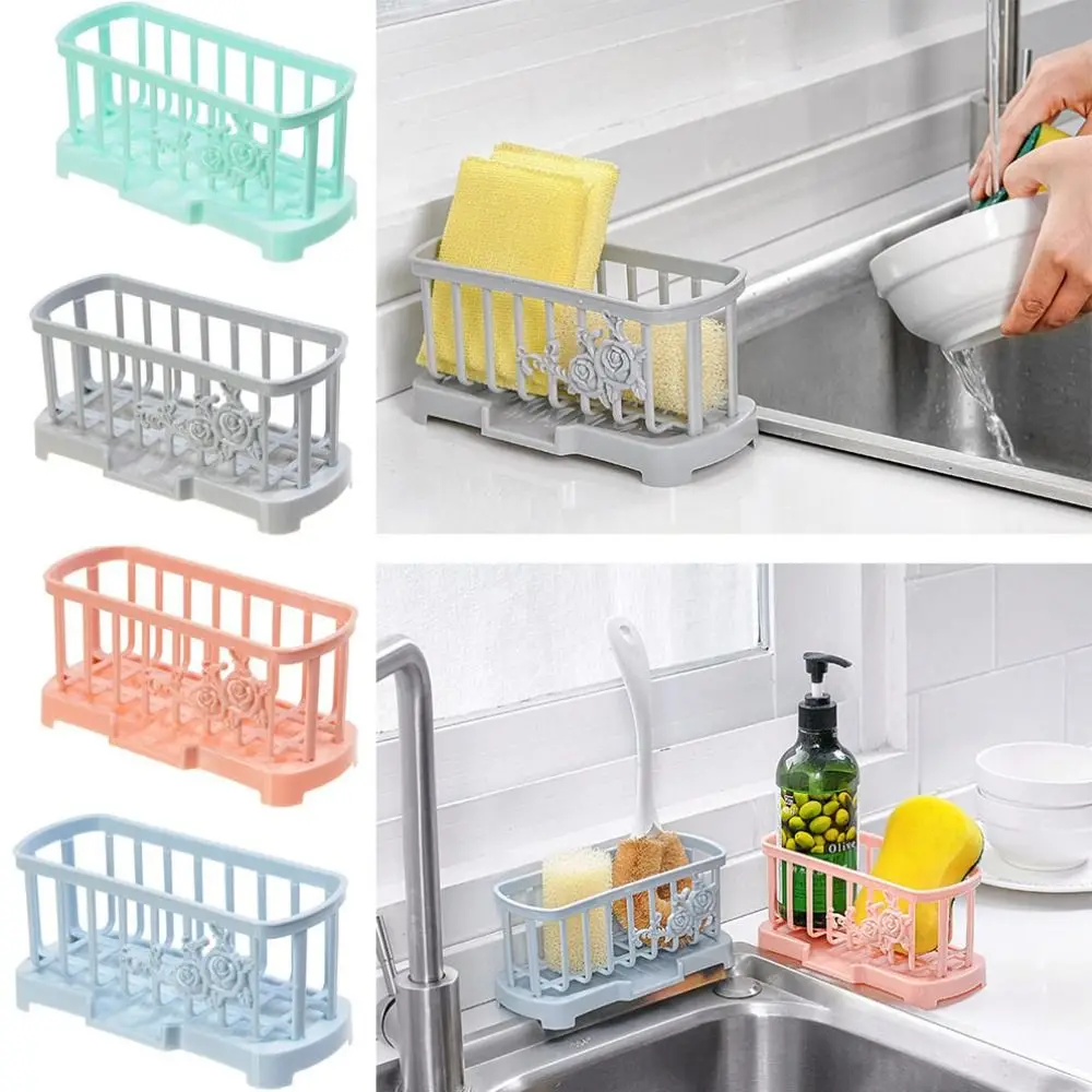 Storage Organizer Sink Drain Rack Soap Dispenser Plastic Storage Basket Removable Sponge Dishcloth Holder