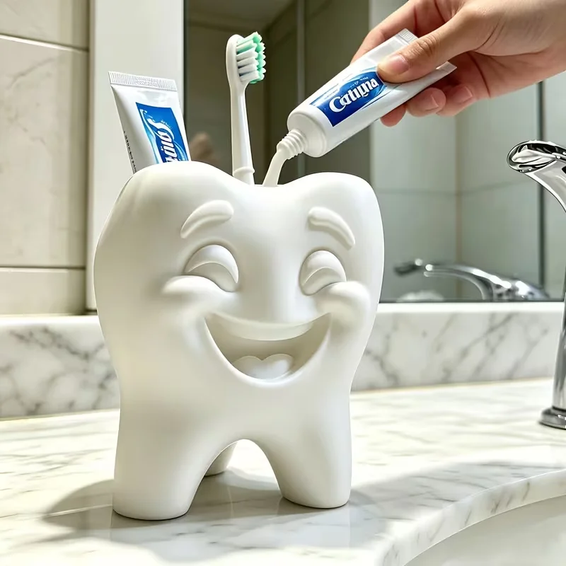3D Printed Holder Cartoon Tooth Shaped Toothbrush Storage Pot Creative Oral Care Stand For Bathroom Countertop Organizer