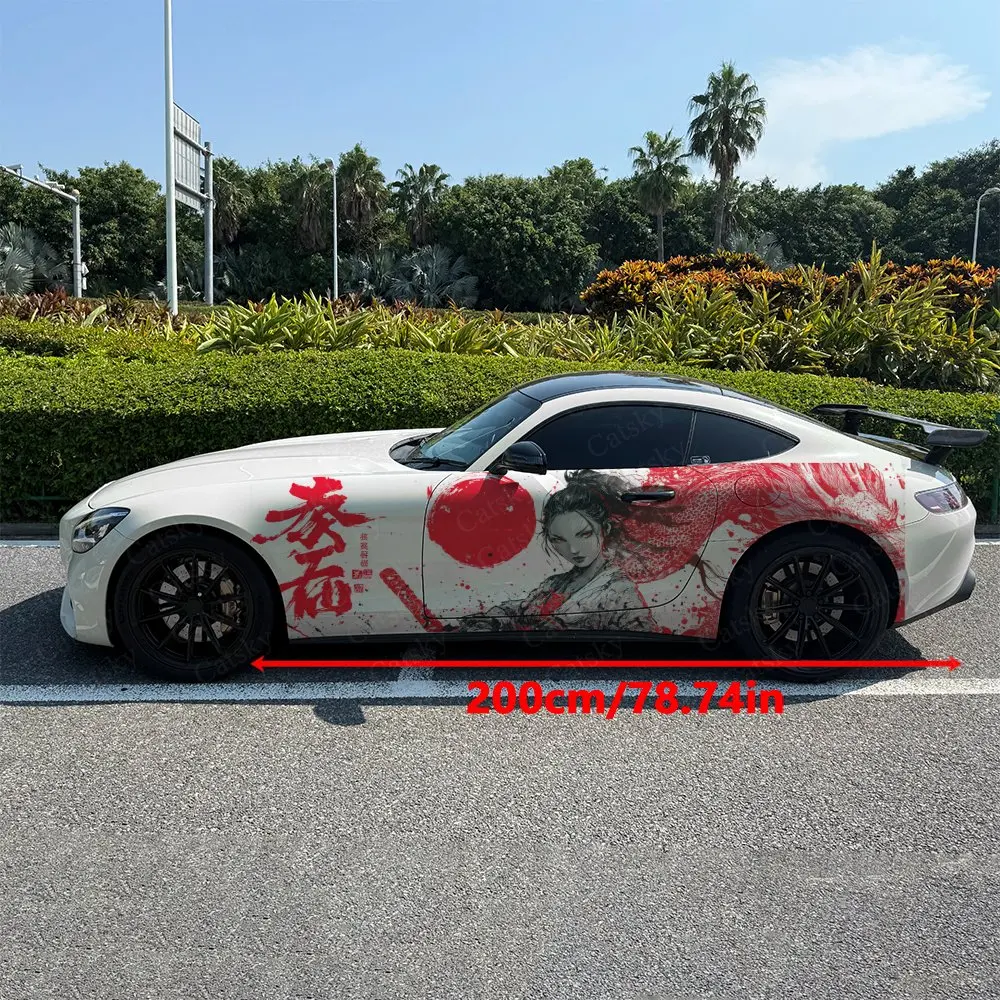 2pcs Ink Splatter Red Sun Swordswoman Car Side Wraps, Self-Adhesive PVC Waterproof & Scratch-Resistant Stickers, Car Accessory