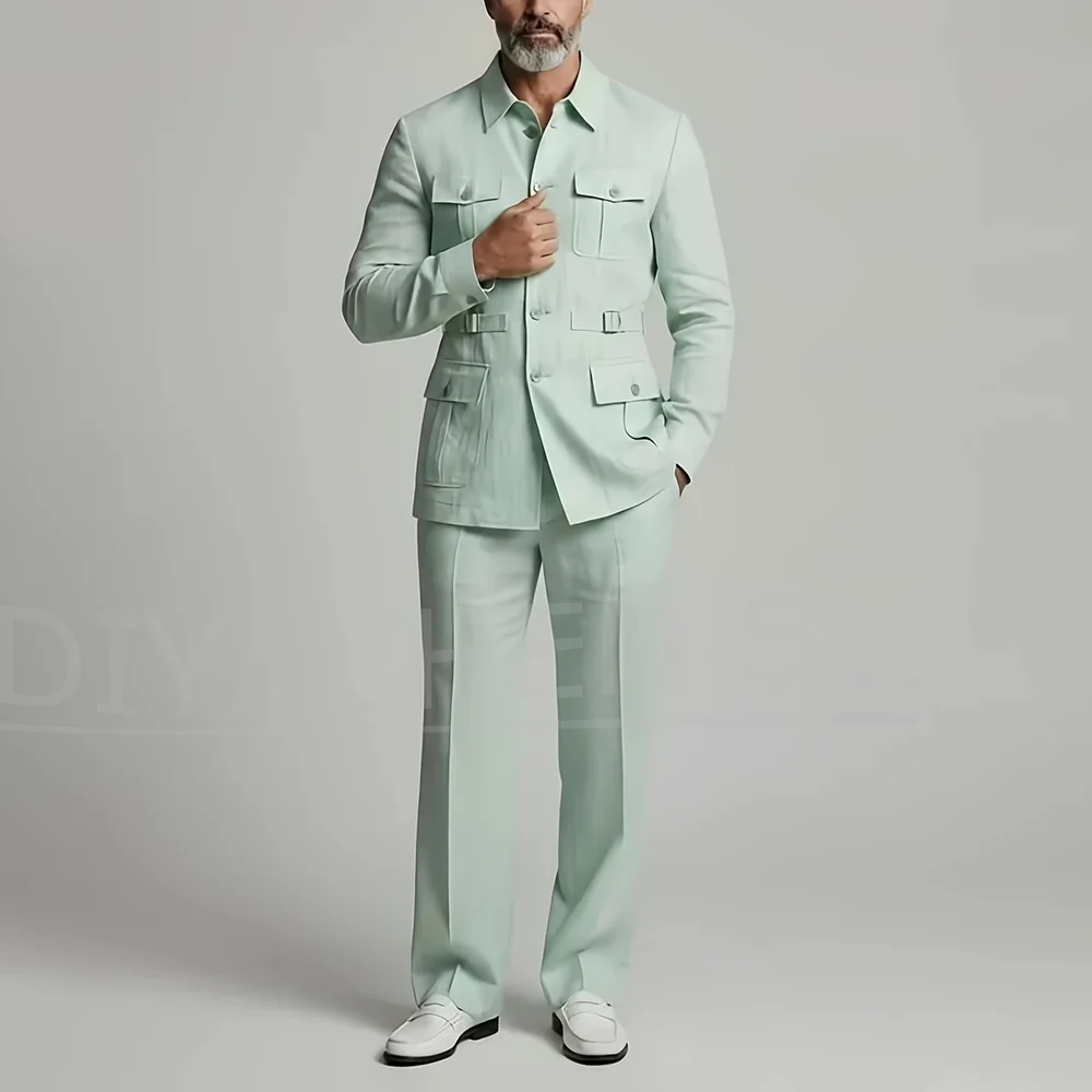 Chic Men 2 Piece Suit Multi Pocket Single Breasted Blazer And Pants Fashion Casual Formal Modern Gentleman Summer Outfit
