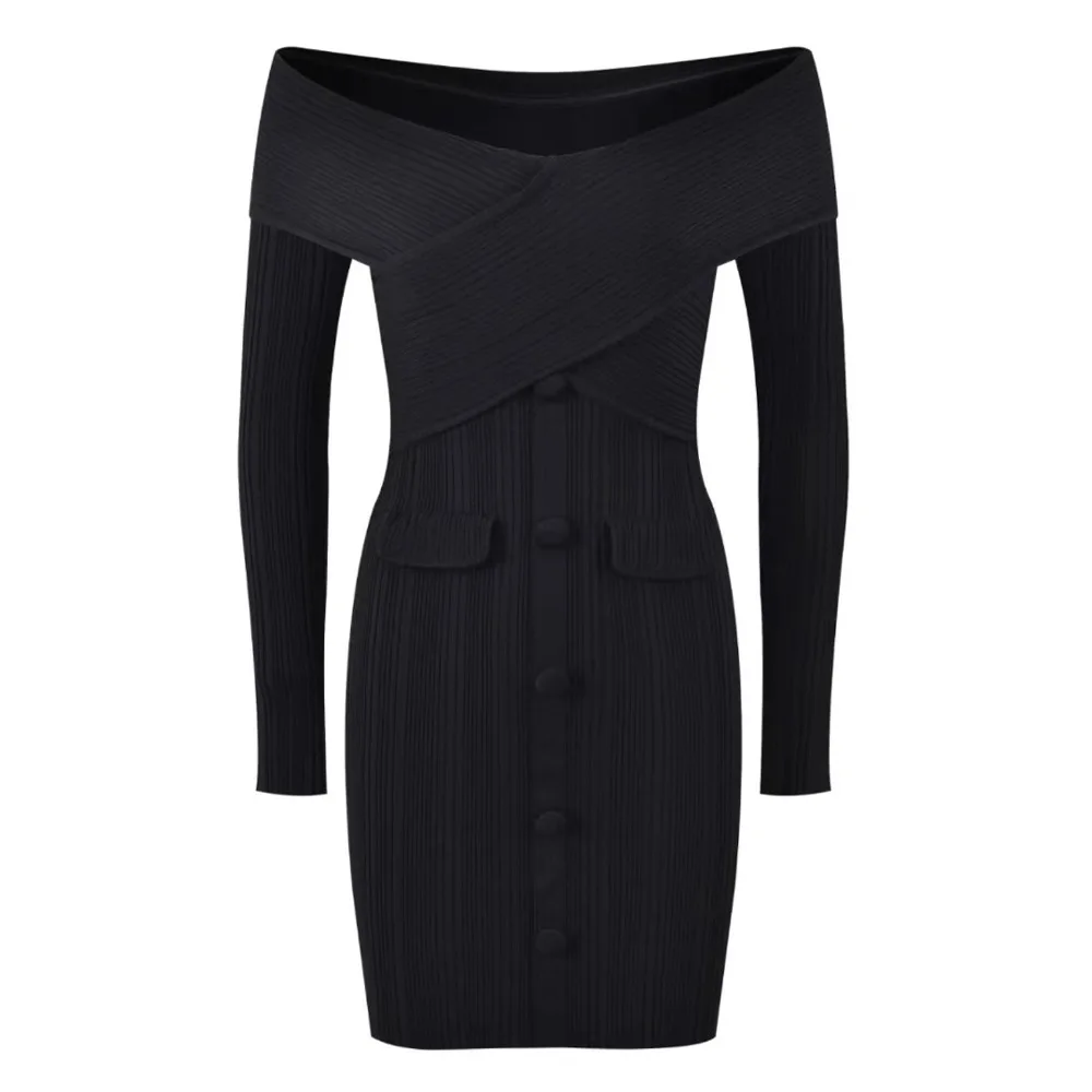 Dopasowana dzianina wyszczuplająca z odkrytym ramieniem, klasyczny krój, wysoki stan, model bodycon, idealna na jesień i zimę, nowość.