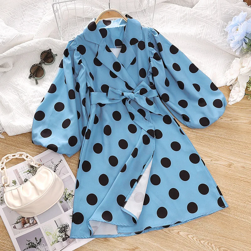 

2023 Autumn New For Girls 4-10 Years Blue Polka Dot Long-Sleeved Jacket Korean Style Casual Vacation Coat