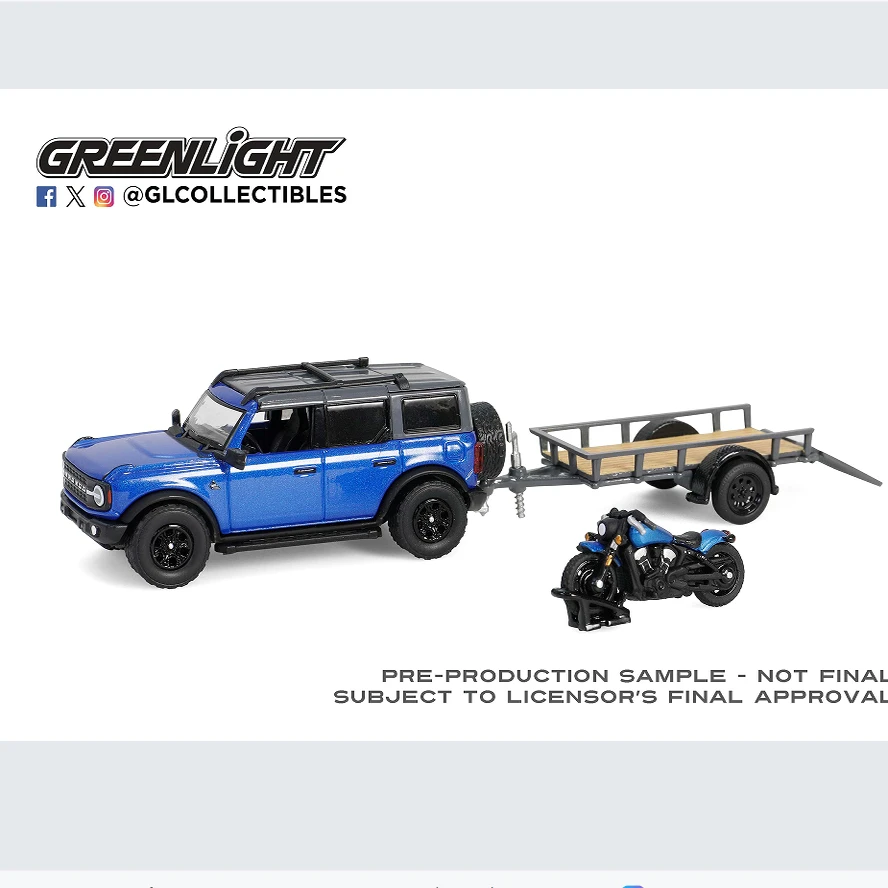 

GreenLight 1:64 2021 Ford Bronco, прицеп и мотоцикл 32320-C, мини-модель автомобиля из сплава, дисплеи, детские игрушки