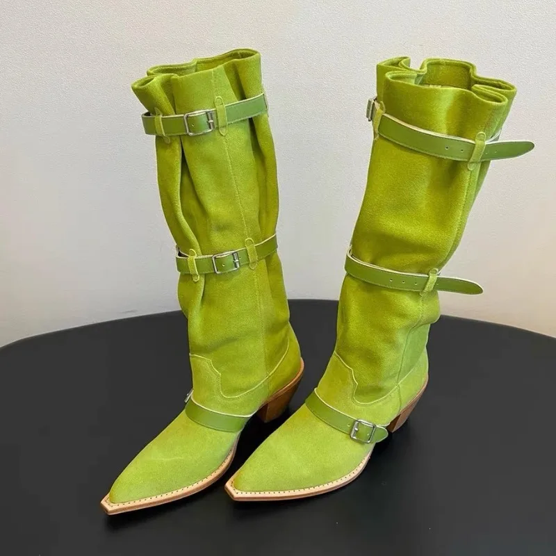 

Women Knee High Boot Exquisite Pointed Tip Western Boots for Woman Fashion Soft Leather Slouchy Boots Designer Shoes Botas Mujer