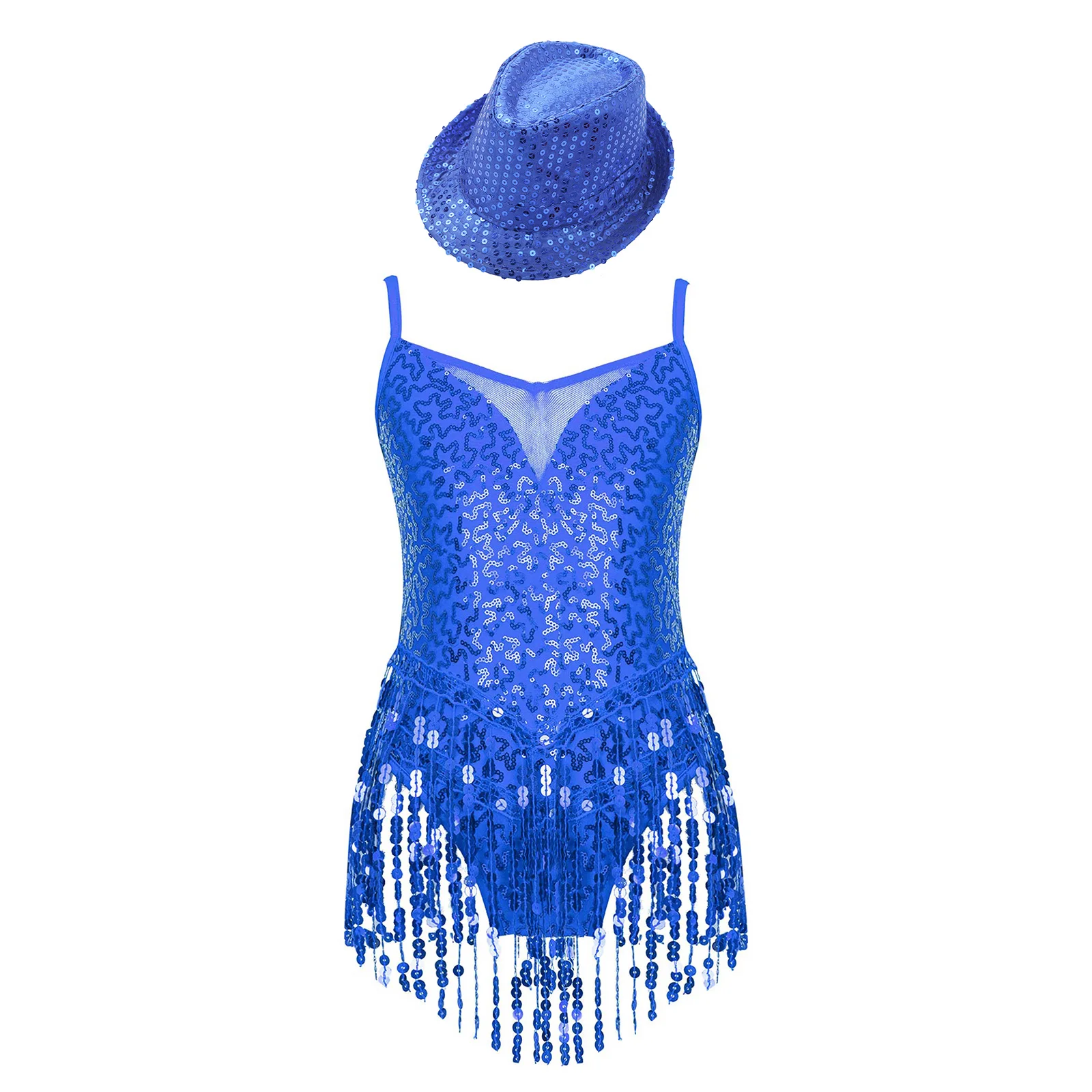 Kids Girls Sleeveless Shiny Sequins Tassel Bodysuit Gymnastics Leotard with Hat for Stage Performance Jazz Latin Dance Costume