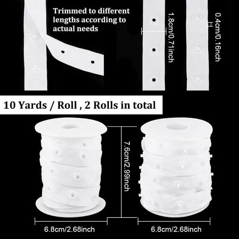 10 Yards Sewing Snap Button Tape Trim Press Button Tape White Polyester Button Tape Sewing Fastener Plastic Press Stud Ribbon