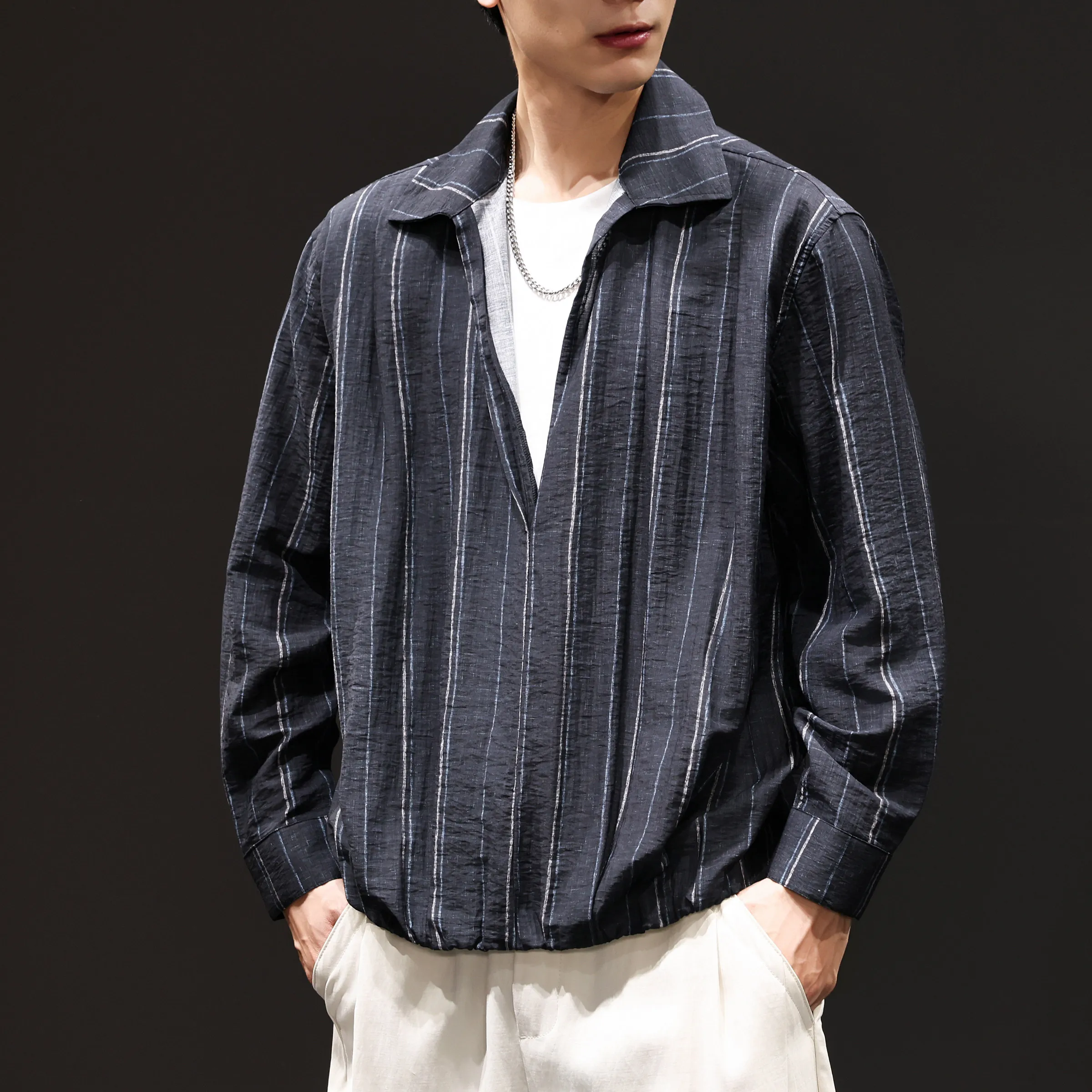 

Vintage Mens Crinkled Vertical Stripe Pullover Shirts Long Sleeve Half Placket Collar Oversized Daily Casual Breathable Blouse