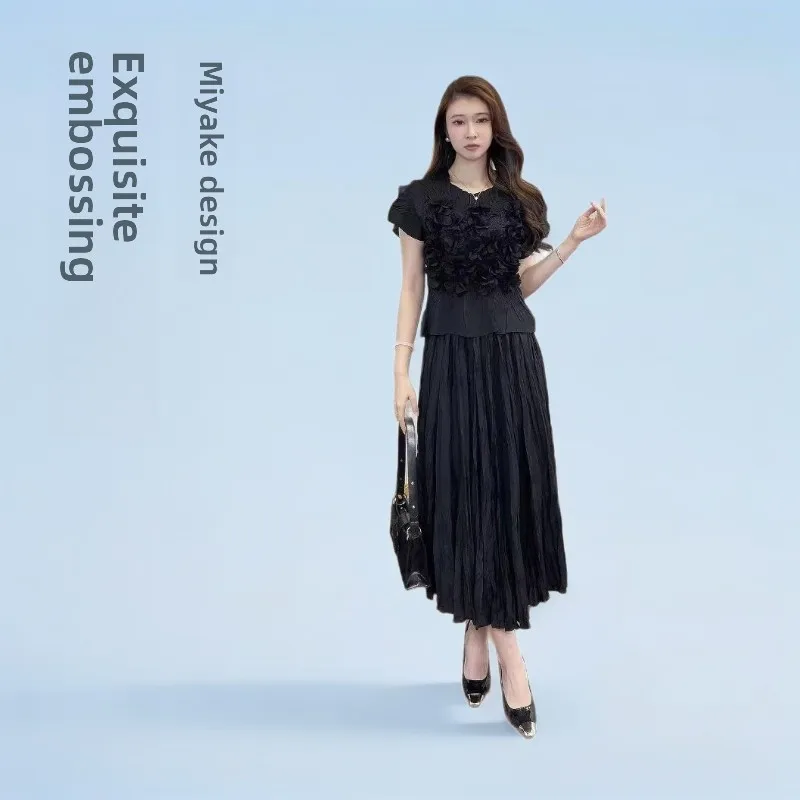 

Miyake Original Pleated Skirt Set Leaf Pleated Top + Casual Half Skirt Loose Set Fashion Women Clothing 2025 Spring New