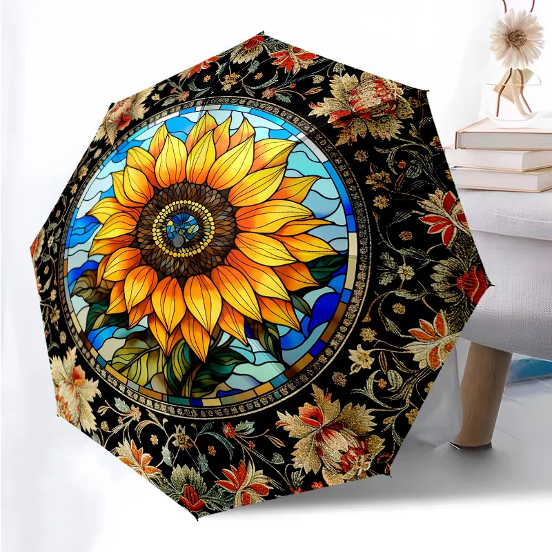 

Складной зонт на тему подсолнуха, модный, с автоматическим открытием, 8, железные ребра, пластиковая ручка, складной солнцезащитный козырек, идеальные рождественские подарки