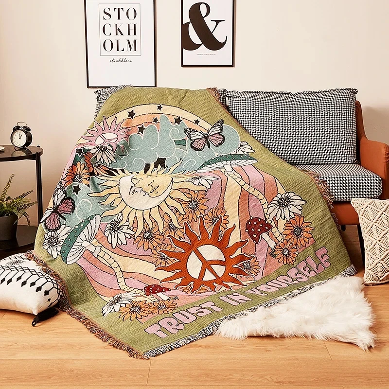 Vintage Jacquard Woven Sum God Sofa Throw Blanket Universal Sofa Cover Nordic Star Thread Aesthetics Tapestry Leisure Bedspread