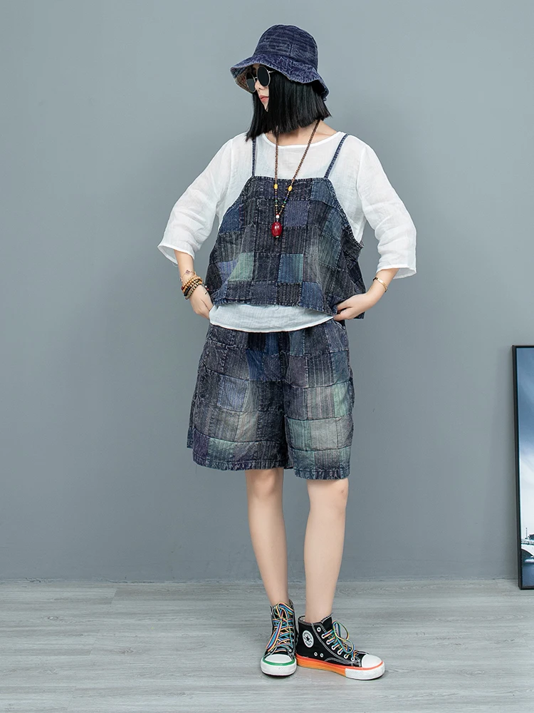 Heavy Industry Worn Splicing Old Cloth Hanging Strap Vest + Wide Leg Shorts Two Piece Set Women 2024 Summer Fashion ZF097