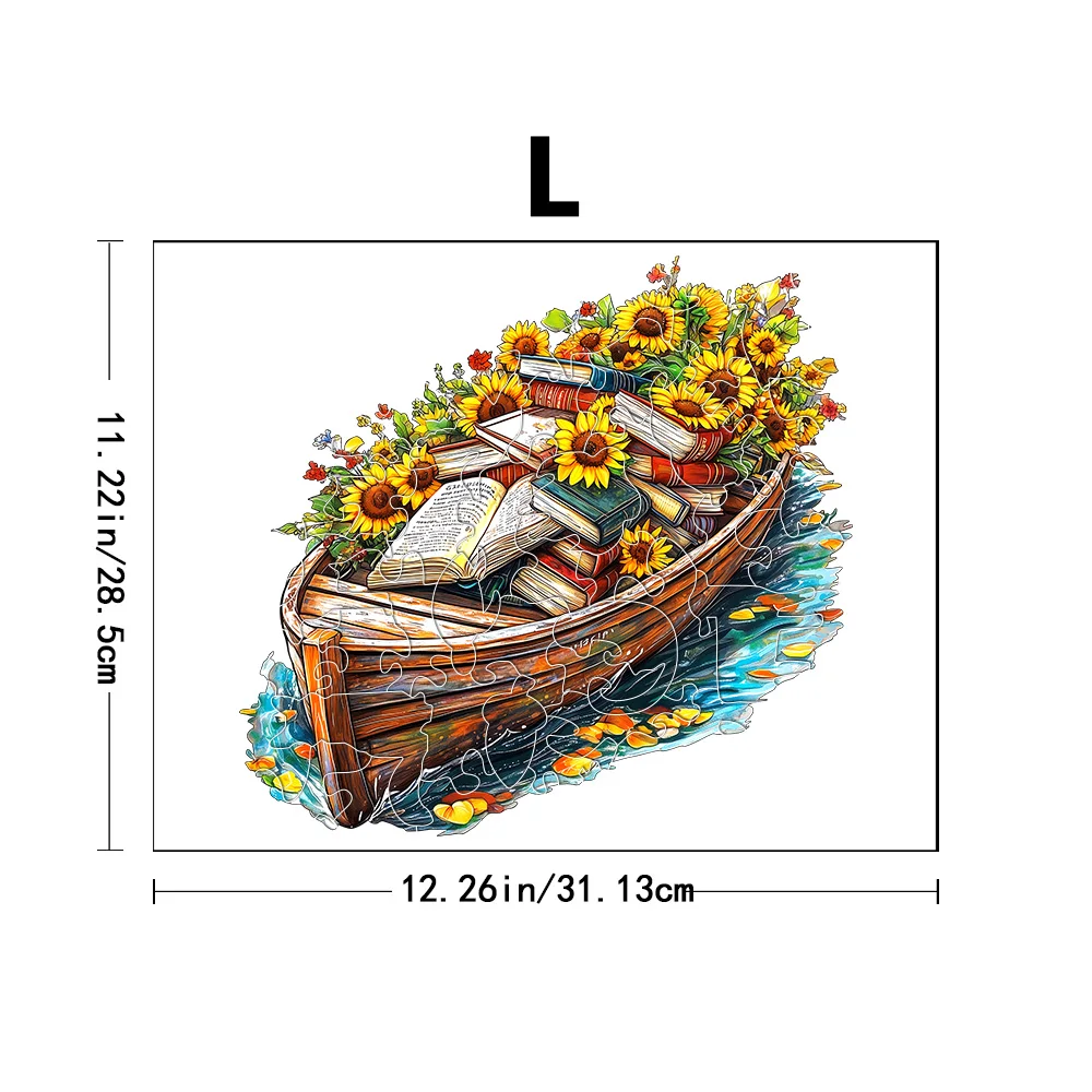 Vintage Boat Wooden Jigsaw Puzzle, Stacked Books and Sunflower Art, Whimsy Pieces, Art Puzzle for Home Decor & Birthday Gifts