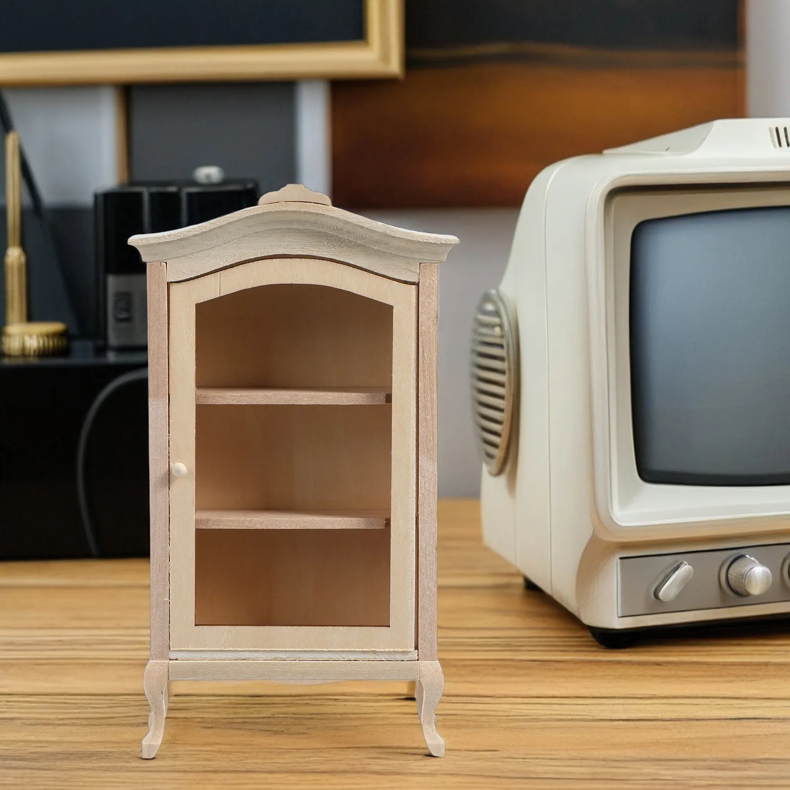 

Миниатюрный деревянный шкаф-витрина с арочным верхом для кукольного домика, реалистичный декор-книжная полка, элегантная полка для хранения, миниатюрная мебель