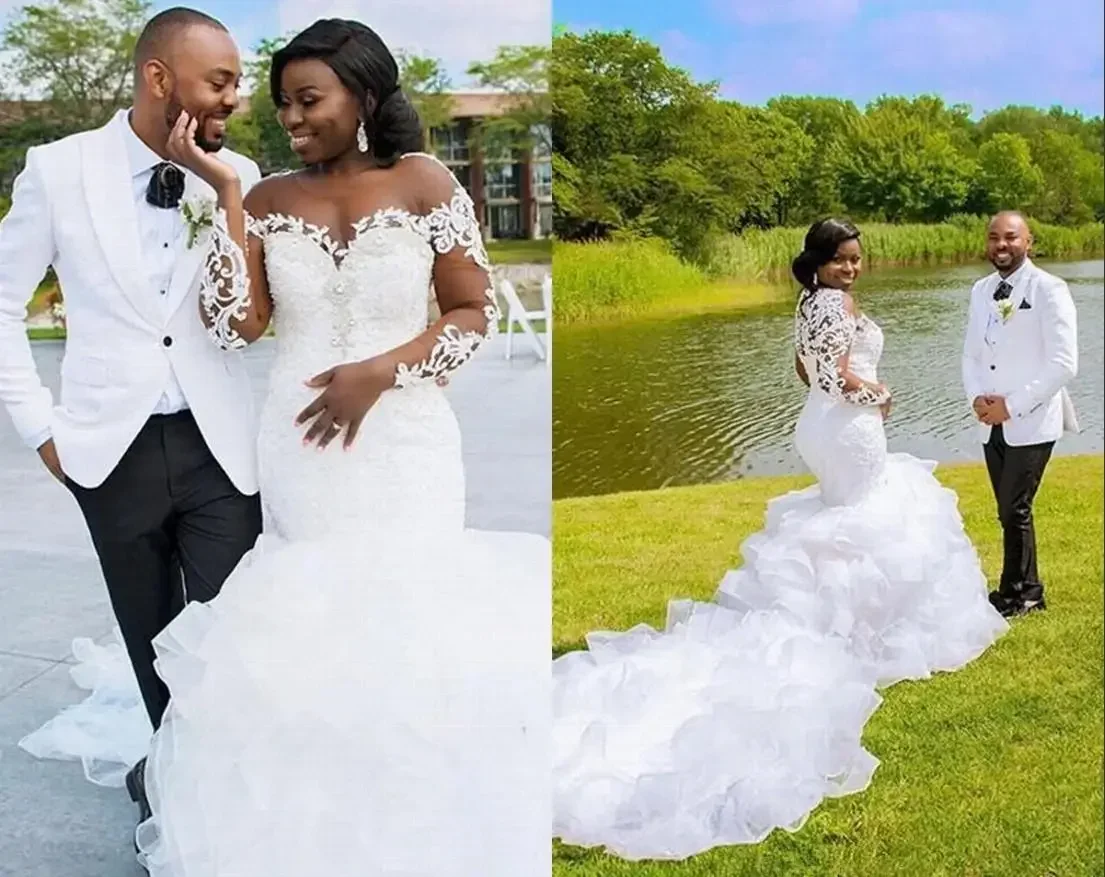 Aangepaste bescheiden land zeemeermin trouwjurken tule Zuid-Afrikaanse pure hals illusie lange mouwen ruches organza bruids gaan