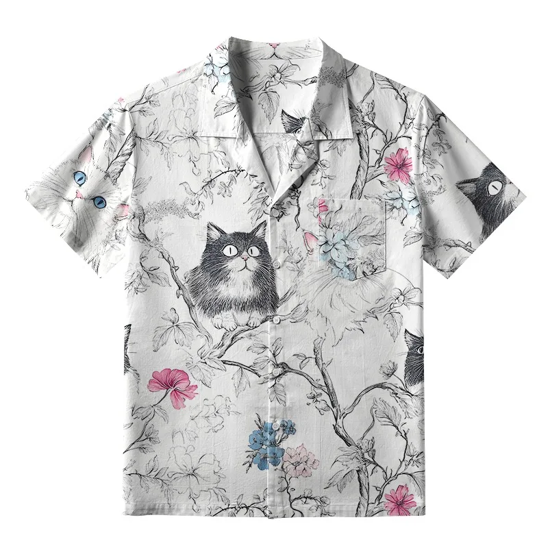Fashion Special Korean Tops Black And White Cat On A Branch Aloha Hawaiian Shirt 2025 Summer Short Sleeve 3D Commuting Tunics