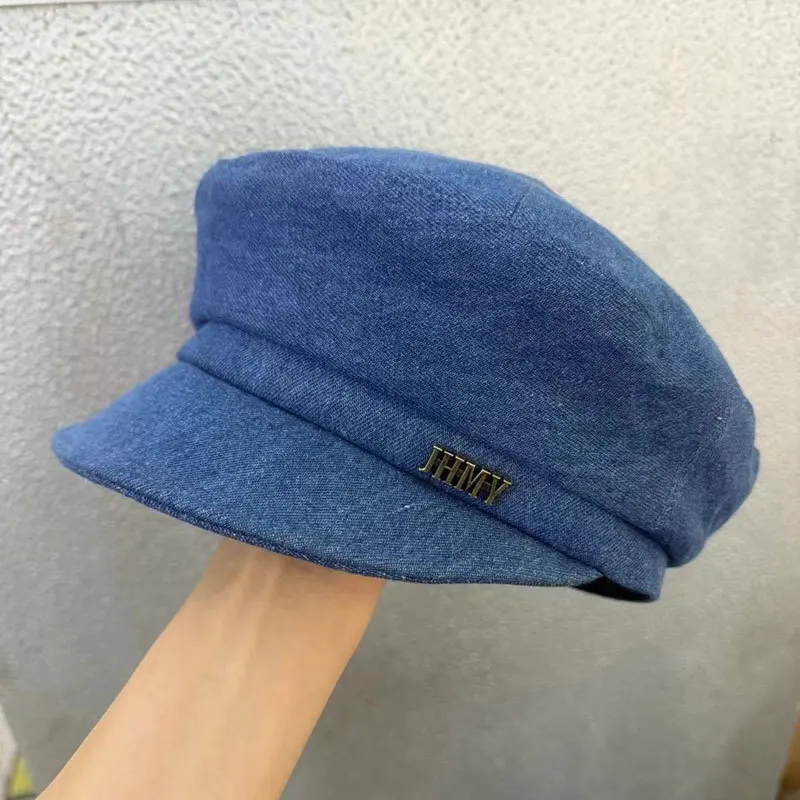 

Autumn Winter Hats For Women Military Cap Beret Korean Style Flat Top Denim Cloth Retro Casual New Fashion Painter Cap Female