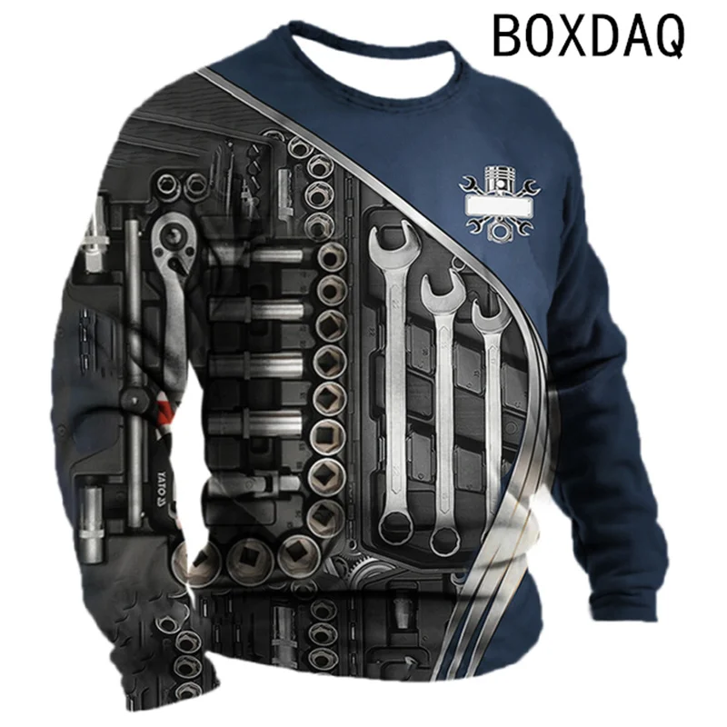 Men's Long Sleeve Casual T-shirt Autumn New Vintage Tool Mechanical Pattern Top Fashion Street Cool Personality Top