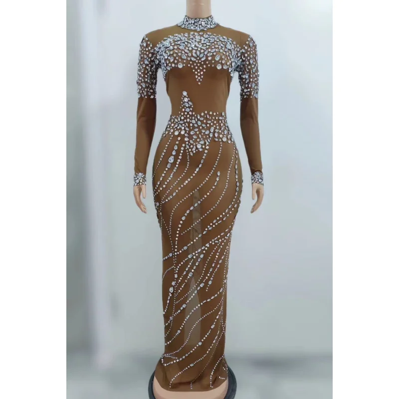 

Sexy Mesh Perspective Shining Water Diamond Celebrity Birthday Party Dress Female Singer Performance Costume Cocktail Dress