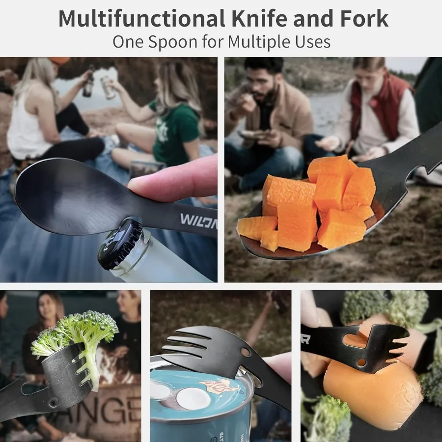 أدوات تخييم سبورك من الفولاذ المقاوم للصدأ مع ملعقة سكين شوكة زجاجة فتاحة علب 5 في 1 أدوات مائدة متعددة #4