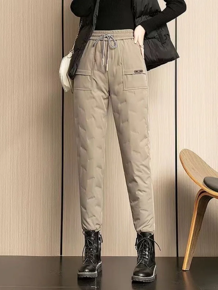 Pantalones informales de invierno de cintura alta para mujer, pantalones de algodón du abajo, pantalones largos rectos de tubo, pantalones cálidos y cómodos