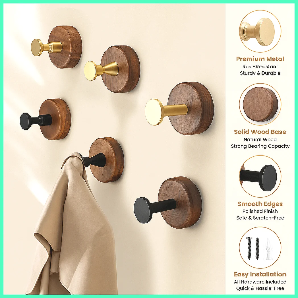 Black Walnut Wood Wall Hooks 1/4PCS Coat Hanger Clothes Hook Rustic Storage Rack for Bedroom Fitting Room Home Hardware