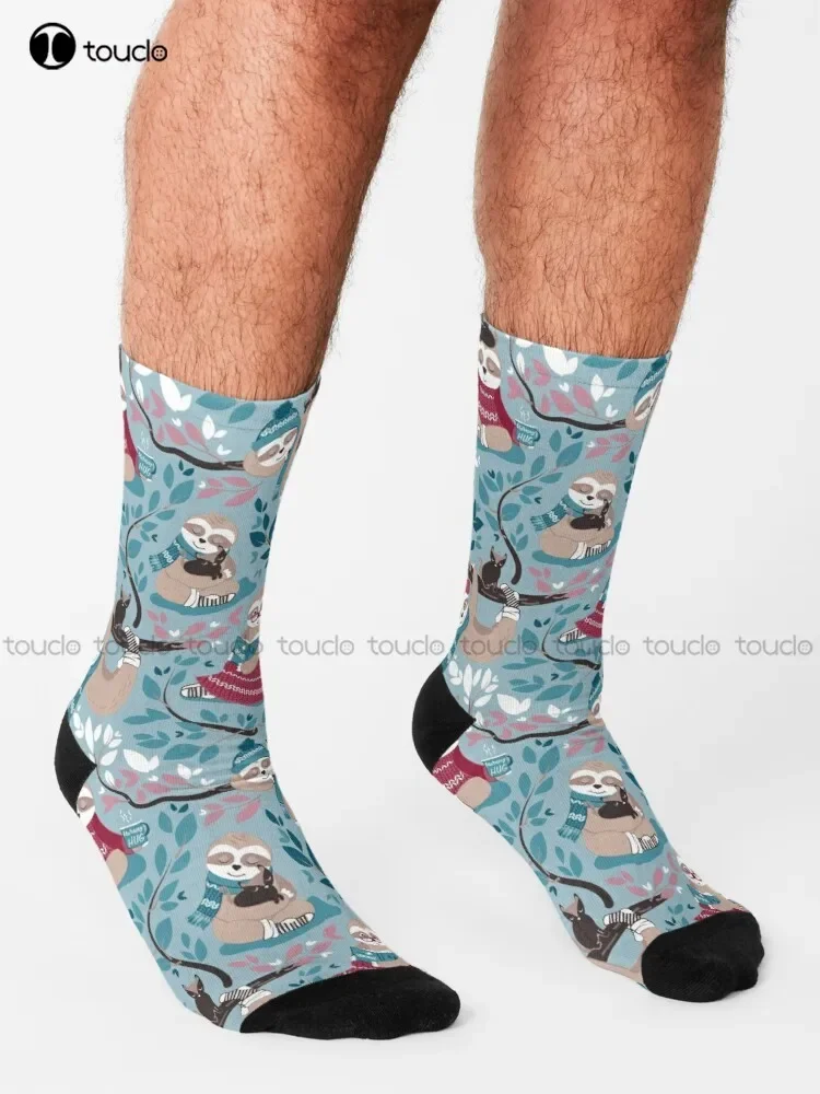 Hygge Sloth // Small Scale // Pale Blue And Red Socks Bulk Socks Personalized Custom Unisex Adult Teen Youth Socks Fashion New