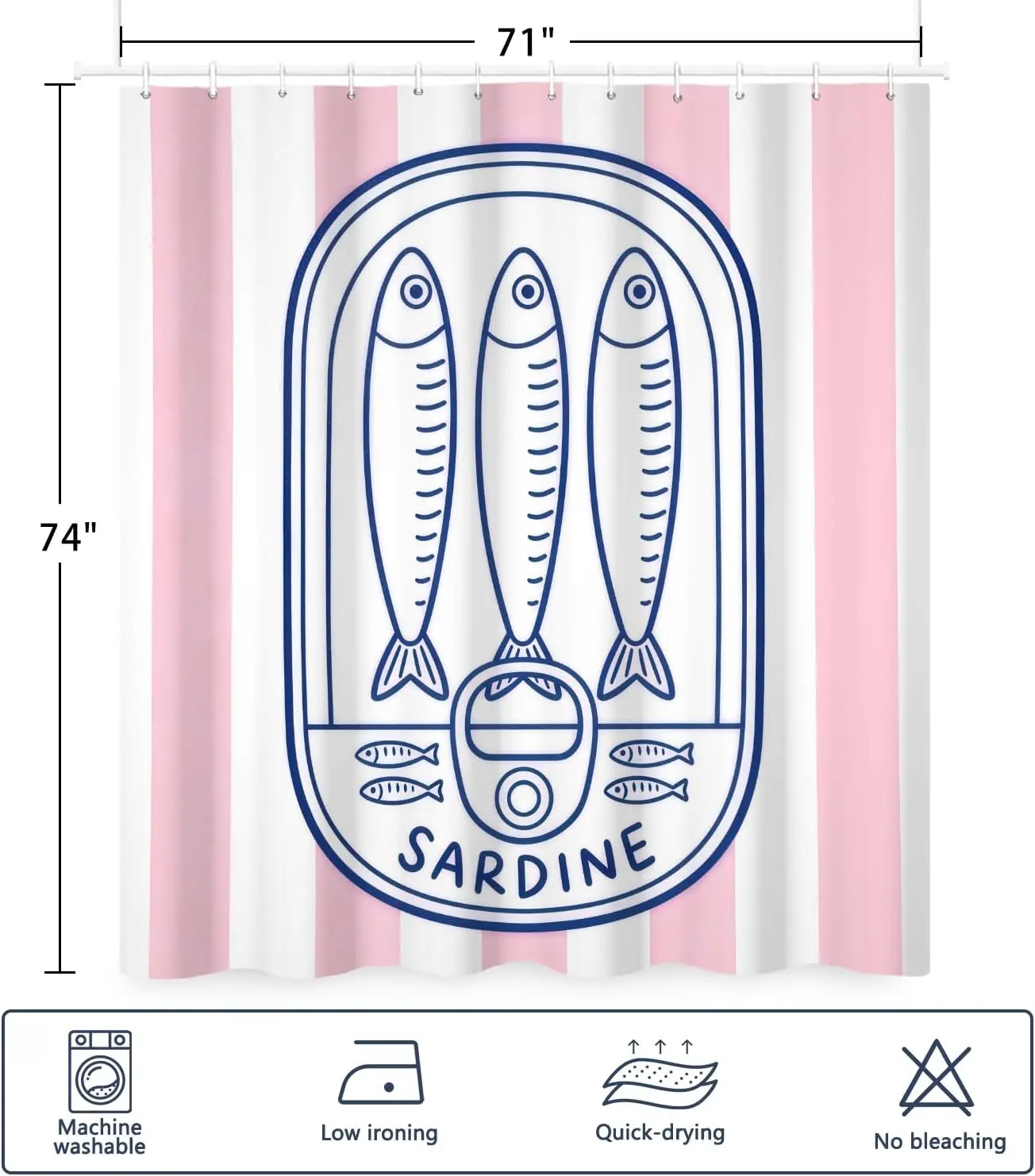 Cute Sardine Can Print Shower Curtain, Pink Striped Waterproof Bathroom Curtain, Nautical Fish Pattern Bath Decor Home Apartment