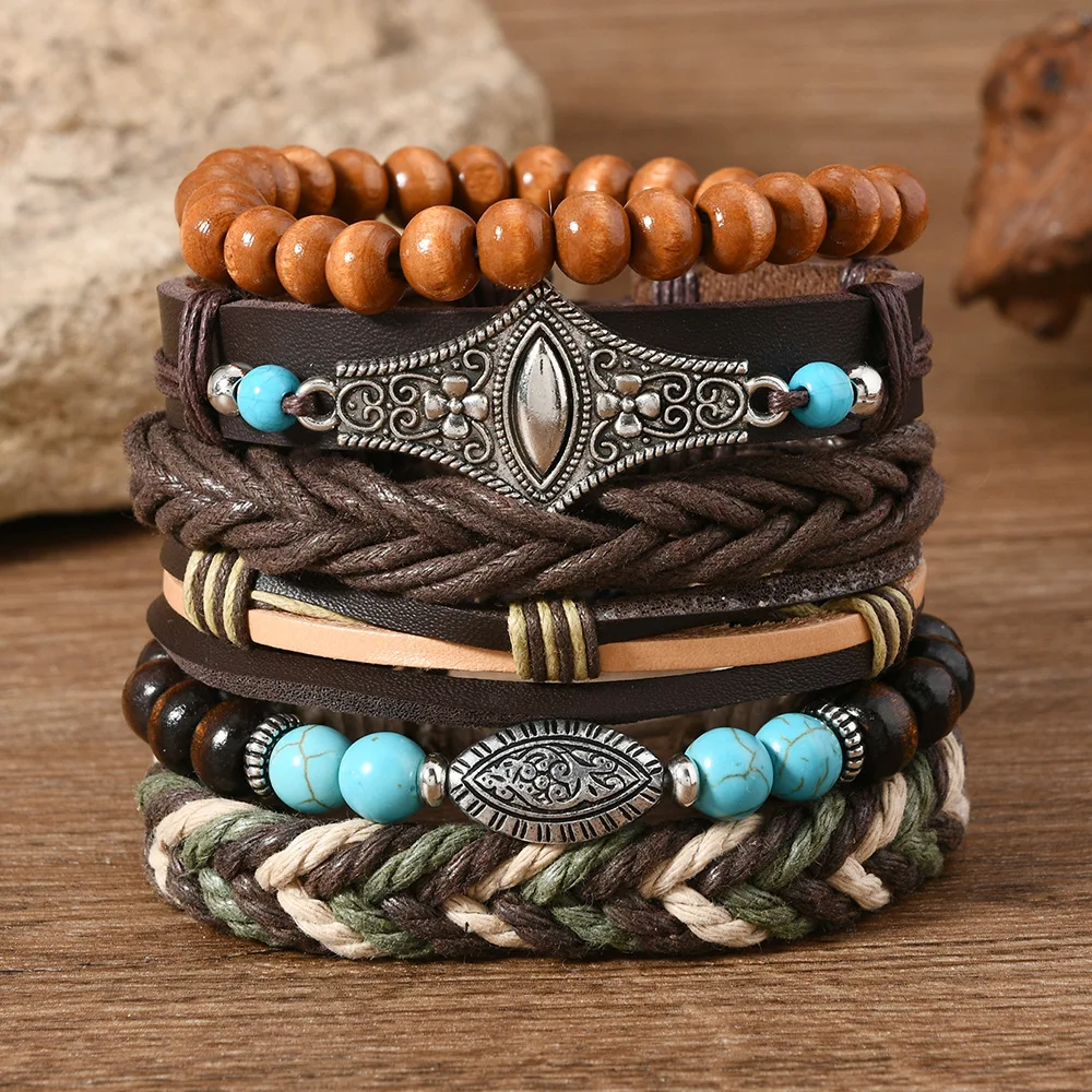 Vintage Feder Casual 6 Teil/satz Baum Handgemachte Männer Armbänder Männliche Frauen Leder Armbänder Männer Armreif Großhandel Schmuck Geschenk – Detail 1