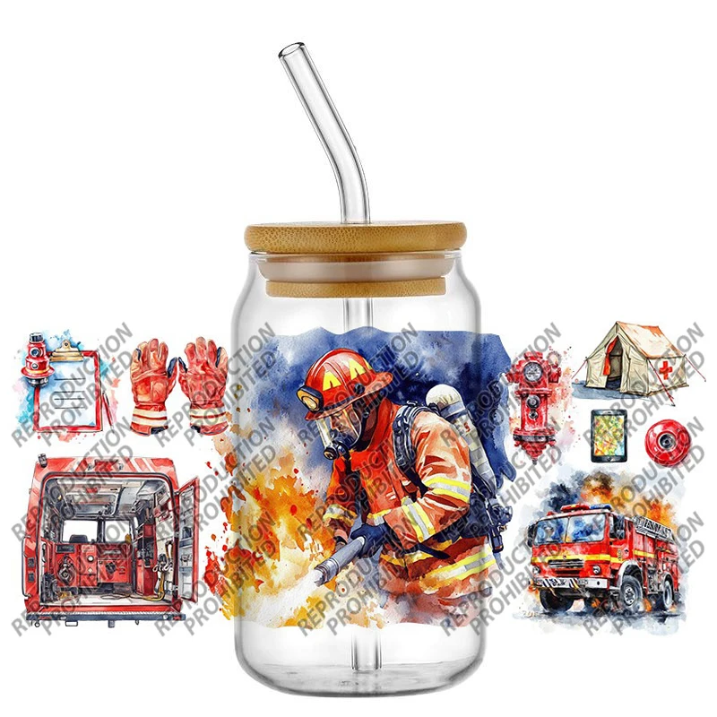 Popular Firemen Painting Proud Hero Dad 16oz UV DTF 3D Transfers Sticker Decals Wraps For Glass Can Cup Craft DIY Gift Creative