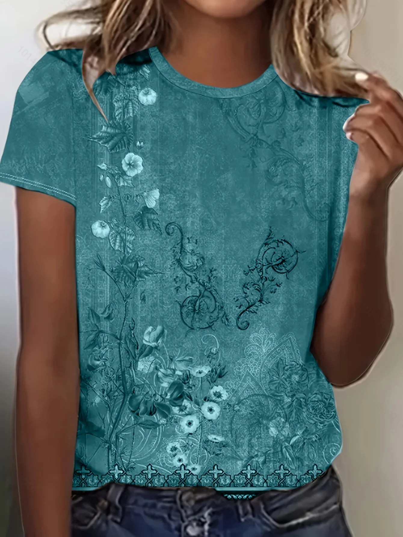 Women's T-shirt Vintage Vine Floral Dark Texture Print Crew Neck Short Sleeve Loose Elegant Daily Casual Style women clothing