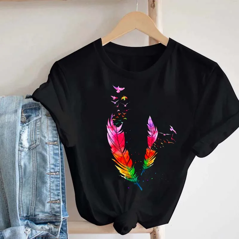 Women's T-shirt Watercolor Feather Graphic Printed T Shirt Women Short Sleeve Tshirt 90s Streetwear Female Clothes Tops