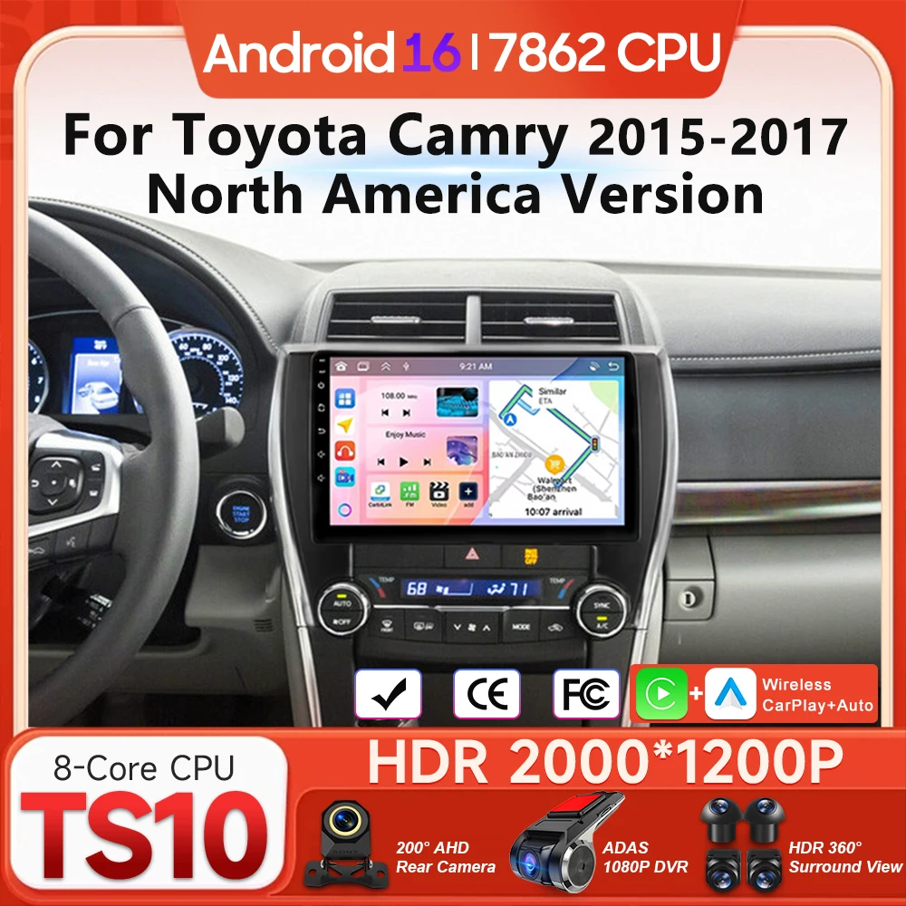 Android 16 For Toyota Camry 2015 - 2017 Car Multimedia Player Carplay Auto Head Unit Radio Video Wifi Navigation GPS 2din BT DSP