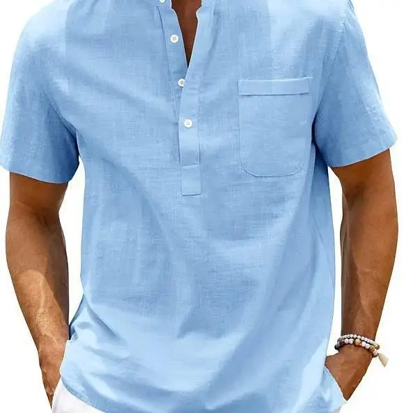 plus Size Men's Stand up Collar Short Swedish Shirt Comfortable Breathable Thin Material Easy Care Casual Pure Color Shirt view 4